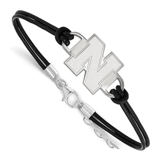 Sterling Silver Rhodium-plated LogoArt University of Nebraska Letter N Black Leather 7 inch Bracelet with Extender