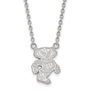 14k White Gold LogoArt University of Wisconsin Badger Large Pendant 18 inch Necklace