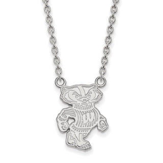 14k White Gold LogoArt University of Wisconsin Badger Large Pendant 18 inch Necklace