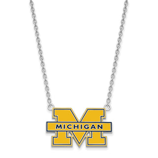Sterling Silver Rhodium-plated LogoArt University of Michigan Letter M Large Blue Enameled Pendant 18 inch Necklace