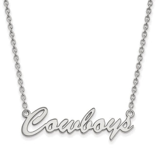 Sterling Silver Rhodium-plated LogoArt Oklahoma State University Cowboys Script Medium Pendant 18 inch Necklace