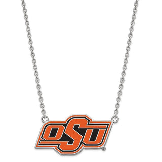 Sterling Silver Rhodium-plated LogoArt Oklahoma State University O-S-U Large Enameled Pendant 18 inch Necklace