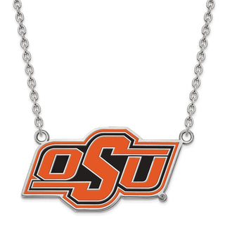 Sterling Silver Rhodium-plated LogoArt Oklahoma State University O-S-U Large Enameled Pendant 18 inch Necklace
