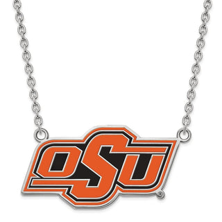 Sterling Silver Rhodium-plated LogoArt Oklahoma State University O-S-U Large Enameled Pendant 18 inch Necklace