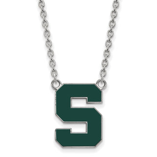 Sterling Silver Rhodium-plated LogoArt Michigan State University Letter S Large Enameled Pendant 18 inch Necklace
