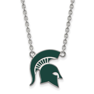 Sterling Silver Rhodium-plated LogoArt Michigan State University Spartan Large Enameled Pendant 18 inch Necklace