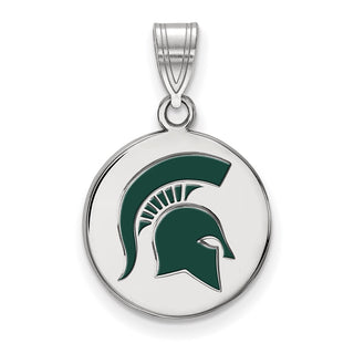 Sterling Silver Rhodium-plated LogoArt Michigan State University Spartan Medium Enameled Disc Pendant