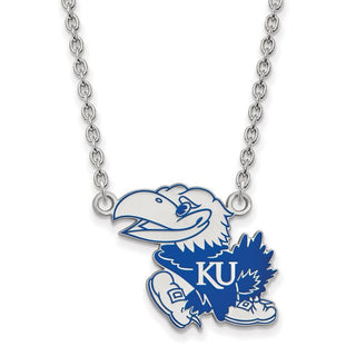 Sterling Silver Rhodium-plated LogoArt University of Kansas Jayhawk Large Enameled Pendant 18 inch Necklace