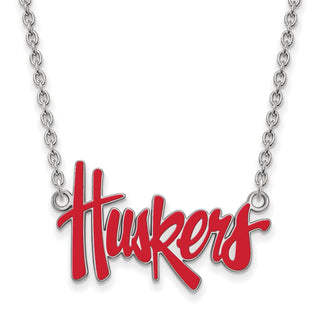 Sterling Silver Rhodium-plated LogoArt University of Nebraska Huskers Script Large Enameled Pendant 18 inch Necklace