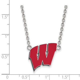 Sterling Silver Rhodium-plated LogoArt University of Wisconsin Letter W Large Enameled Pendant 18 inch Necklace