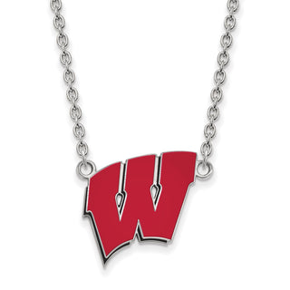Sterling Silver Rhodium-plated LogoArt University of Wisconsin Letter W Large Enameled Pendant 18 inch Necklace