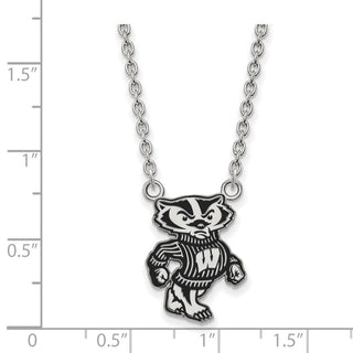 Sterling Silver Rhodium-plated LogoArt University of Wisconsin Badger Large Enameled Pendant 18 inch Necklace