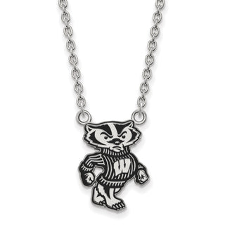 Sterling Silver Rhodium-plated LogoArt University of Wisconsin Badger Large Enameled Pendant 18 inch Necklace