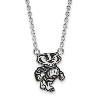 Sterling Silver Rhodium-plated LogoArt University of Wisconsin Badger Large Enameled Pendant 18 inch Necklace