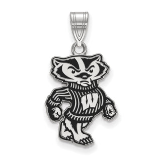 Sterling Silver Rhodium-plated LogoArt University of Wisconsin Badger Large Enameled Pendant
