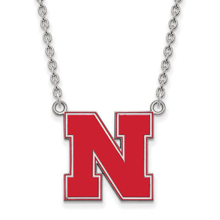 Sterling Silver Rhodium-plated LogoArt University of Nebraska Letter N Large Enameled Pendant 18 inch Necklace