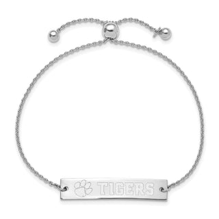 Sterling Silver Rhodium-plated LogoArt Clemson University Name Bar Adj Bracelet