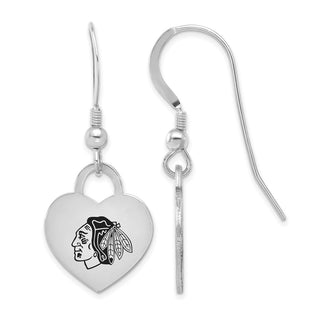 Sterling Silver Rhodium-plated NHL LogoArt Chicago Blackhawks Enamel Heart Dangle Earrings