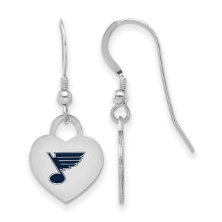 Sterling Silver Rhodium-plated NHL LogoArt St Louis Blues Enamel Heart Dangle Earrings