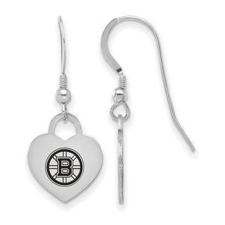 Sterling Silver Rhodium-plated NHL LogoArt Boston Bruins Enamel Heart Dangle Earrings
