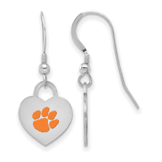 Sterling Silver Rhodium-plated LogoArt Clemson University Enamel Heart Dangle Earrings