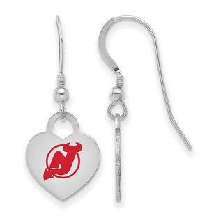 Sterling Silver Rhodium-plated NHL LogoArt New Jersey Devils Enamel Heart Dangle Earrings
