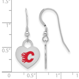 Sterling Silver Rhodium-plated NHL LogoArt Calgary Flames Enamel Heart Dangle Earrings