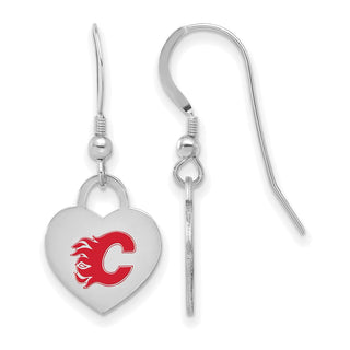 Sterling Silver Rhodium-plated NHL LogoArt Calgary Flames Enamel Heart Dangle Earrings