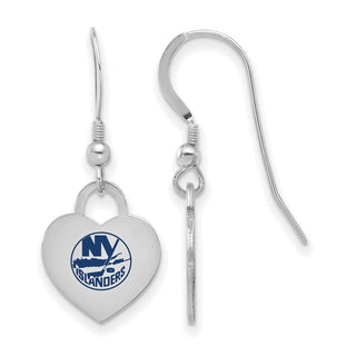 Sterling Silver Rhodium-plated NHL LogoArt New York Islanders Enamel Heart Dangle Earrings