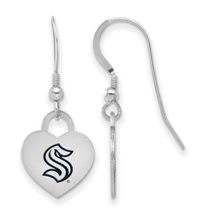 Sterling Silver Rhodium-plated NHL LogoArt Seattle Kraken Enamel Heart Dangle Earrings