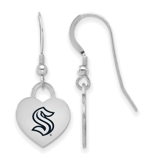 Sterling Silver Rhodium-plated NHL LogoArt Seattle Kraken Enamel Heart Dangle Earrings