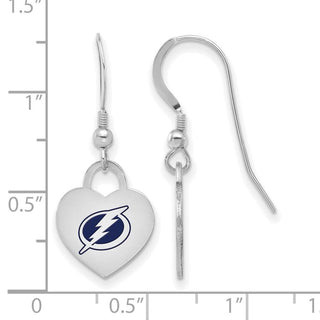 Sterling Silver Rhodium-plated NHL LogoArt Tampa Bay Lightning Enamel Heart Dangle Earrings