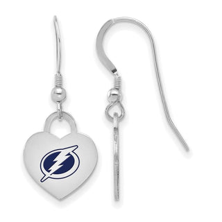 Sterling Silver Rhodium-plated NHL LogoArt Tampa Bay Lightning Enamel Heart Dangle Earrings