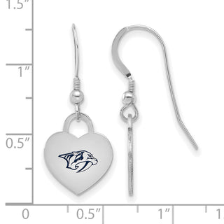 Sterling Silver Rhodium-plated NHL LogoArt Nashville Predators Enamel Heart Dangle Earrings