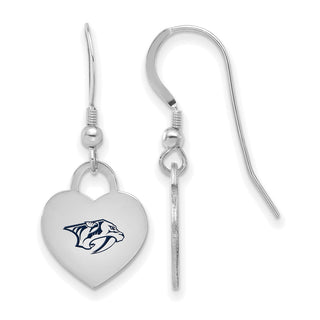 Sterling Silver Rhodium-plated NHL LogoArt Nashville Predators Enamel Heart Dangle Earrings