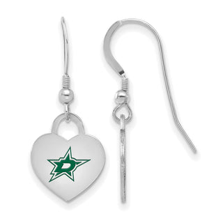 Sterling Silver Rhodium-plated NHL LogoArt Dallas Stars Enamel Heart Dangle Earrings