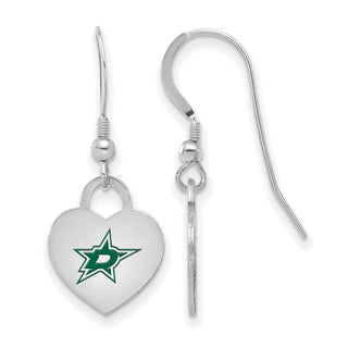 Sterling Silver Rhodium-plated NHL LogoArt Dallas Stars Enamel Heart Dangle Earrings