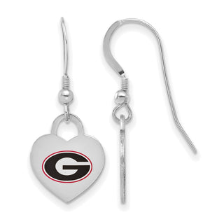 Sterling Silver Rhodium-plated LogoArt University of Georgia Enamel Heart Dangle Earrings