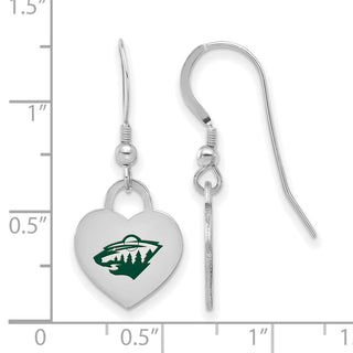 Sterling Silver Rhodium-plated NHL LogoArt Minnesota Wild Enamel Heart Dangle Earrings