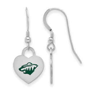 Sterling Silver Rhodium-plated NHL LogoArt Minnesota Wild Enamel Heart Dangle Earrings