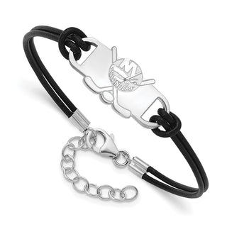 Sterling Silver Rhodium-plated NHL LogoArt New York Islanders Hockey Stick Leather Bracelet