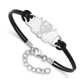 Sterling Silver Rhodium-plated NHL LogoArt Vegas Golden Knights Hockey Stick Leather Bracelet