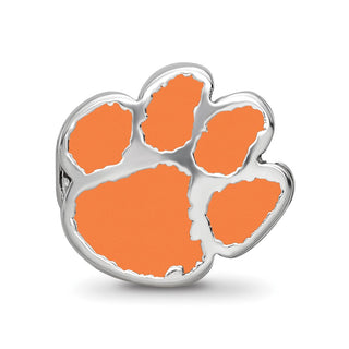 Sterling Silver Rhodium-plated LogoArt Clemson University Tiger Paw Enameled Logo Bead