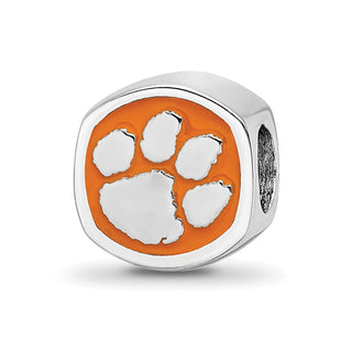Sterling Silver Rhodium-plated LogoArt Clemson University Tiger Paw Enameled Bead