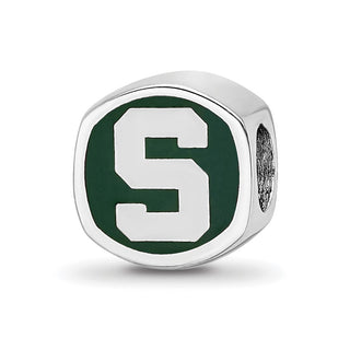 Sterling Silver Rhodium-plated LogoArt Michigan State University Enameled Double Logo Bead