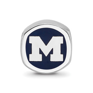 Sterling Silver Rhodium-plated LogoArt University of Michigan Double Logo Blue Enameled Bead
