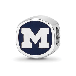 Sterling Silver Rhodium-plated LogoArt University of Michigan Double Logo Blue Enameled Bead