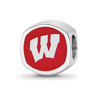 Sterling Silver Rhodium-plated LogoArt University of Wisconsin Enameled Double Logo Bead