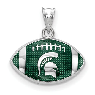 Sterling Silver Rhodium-plated LogoArt Michigan State University Spartan Enameled Football Pendant