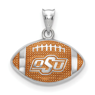 Sterling Silver Rhodium-plated LogoArt Oklahoma State University O-S-U Enameled Football Pendant